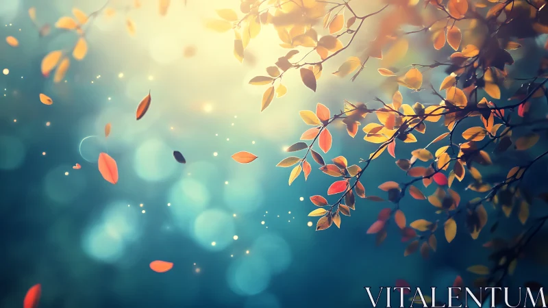 Branches with falling leaves against diffuse light field.