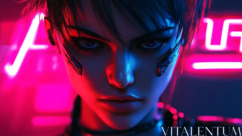 Cybernetic woman under neon rim lighting with asymmetric implants