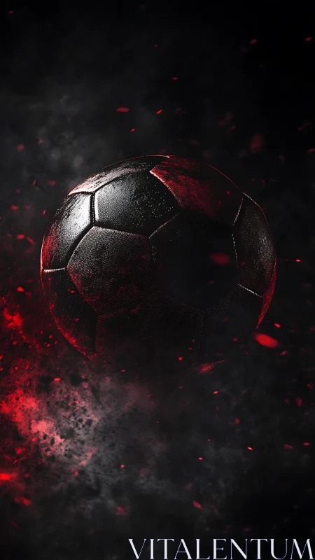Dark textured soccer ball with red particles in motion.