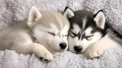 Drowsy husky duo dreaming under a marshmallow-soft blanket.