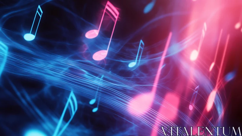 Neon music notes swirling through luminous sound waves.