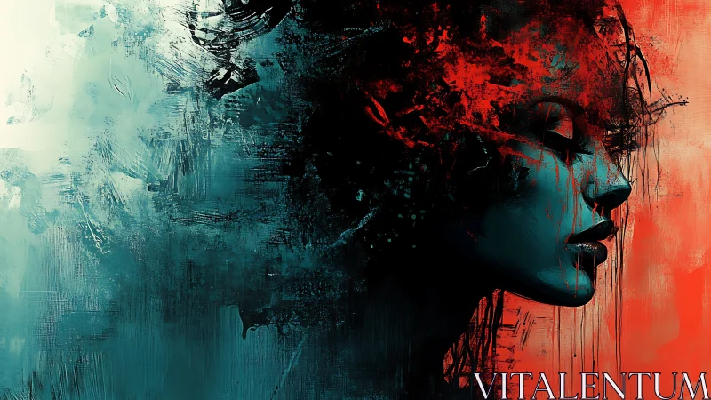 Portrait silhouette merges teal shadows and scarlet chaos.