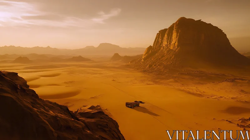 Golden desert cliffs rise above a lone sunlit outpost
