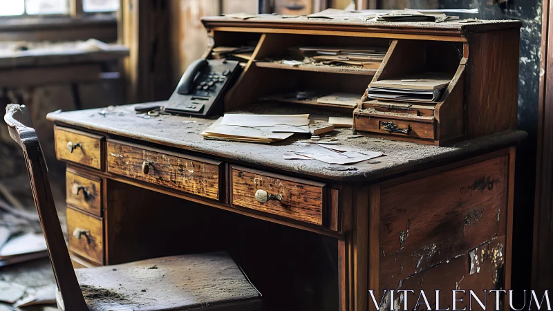 Dusty wooden desk in abandoned office interior scene.