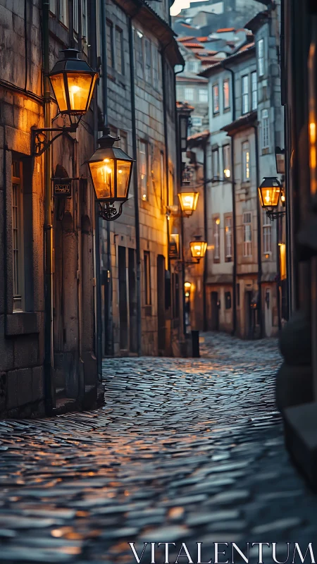 Old European alley glows with evening street lantern light