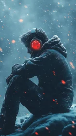 Solitary listener with red headphones in snowstorm glow.