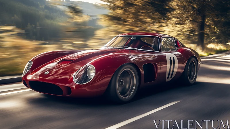 Crimson vintage racer gliding through a sunlit forest road.