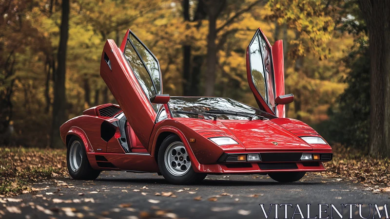 Iconic red supercar with scissor doors in autumn forest.