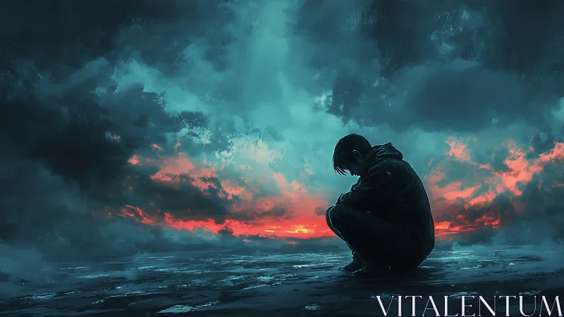 Solitary figure kneels beneath storm-lit teal and crimson sky