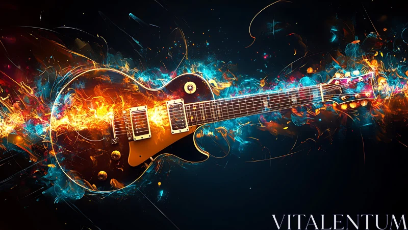 Electric guitar with intersecting flame and smoke bands.
