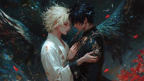 Tender embrace of winged lovers amid drifting scarlet petals.