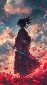 Samurai warrior stands amid crimson petals at dusk sky.