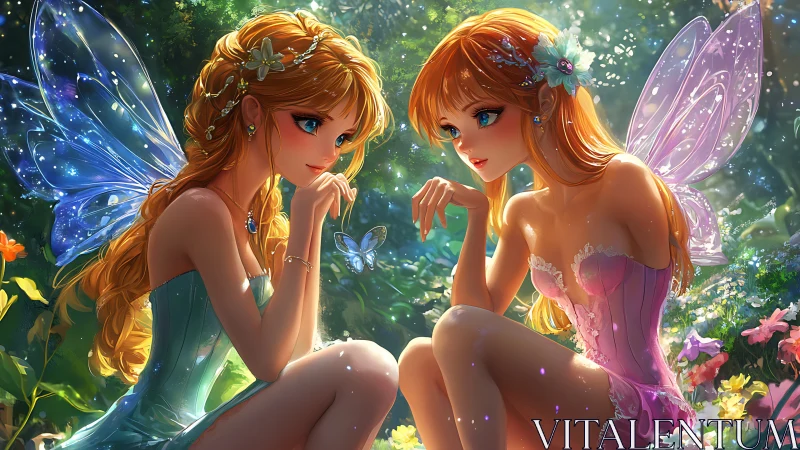 Softly glowing fairy friends share a quiet moment in bloom