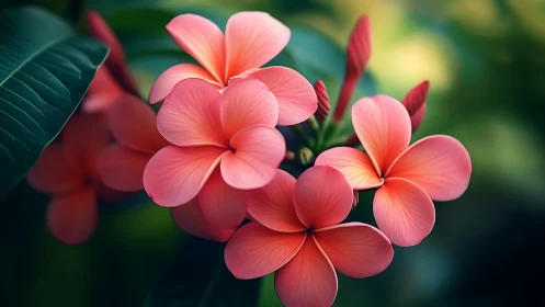 Plumeria flowers with pink coral coloration in clustered botanical arrangement.