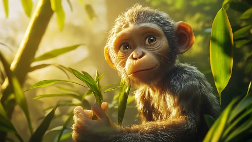 Gentle baby monkey pauses curiously in warm jungle light