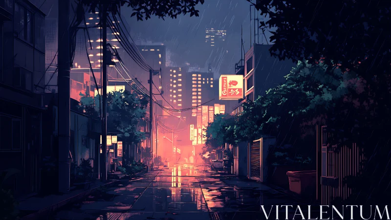 Neon alleyway glows through rainy night in quiet city