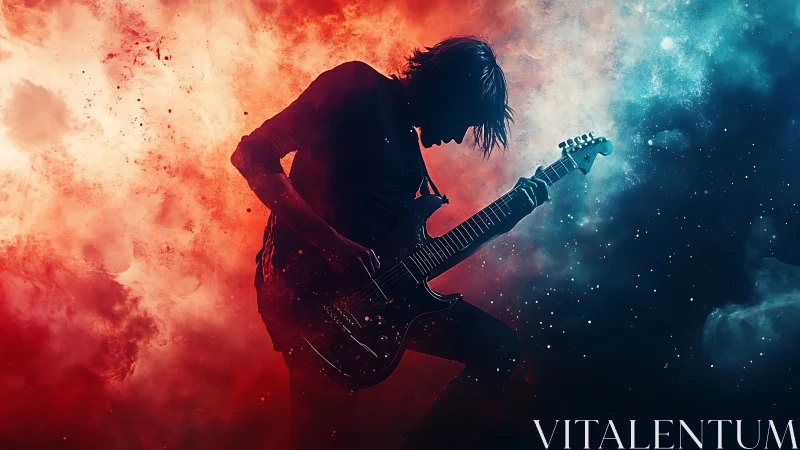 Silhouette guitarist ignites stage amid red blue cosmic haze.