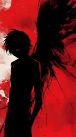 Dark winged figure silhouette on stark red abstract field.