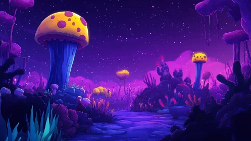 Neon mushroom valley beneath a glowing alien night sky.