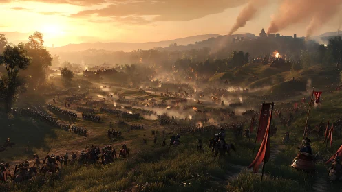 Medieval armies clash at sunset in panoramic digital warfare scene