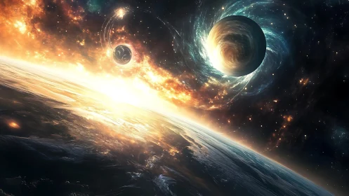 Sunrise across a dreaming cosmos of swirling distant worlds.