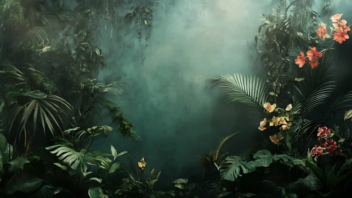 Secret jungle alcove where soft light kisses wild blooms.