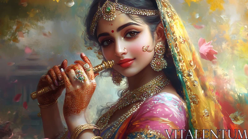 Indian woman with flute in ornate traditional attire.
