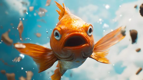 Surprised Goldfish Underwater Close-Up in Vibrant Digital Art Style.