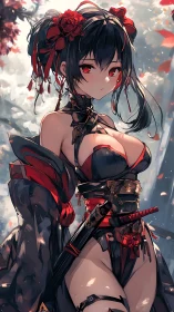Crimson-eyed anime swordswoman in ornate tactical kimono.