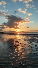 Low-tide coastal sunset with reflective wet sand surface.