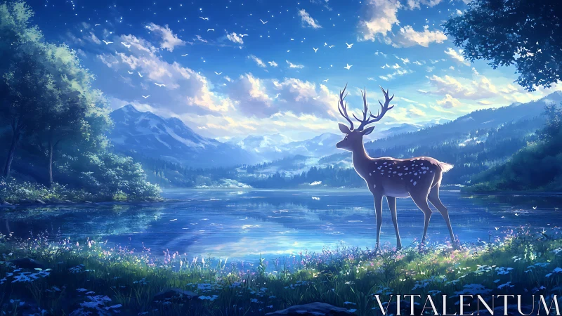 Serene stag at a starlit mountain lake at blue dawn.