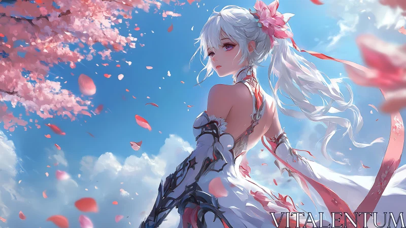 Skyward gaze of sakura-clad heroine in drifting petals.