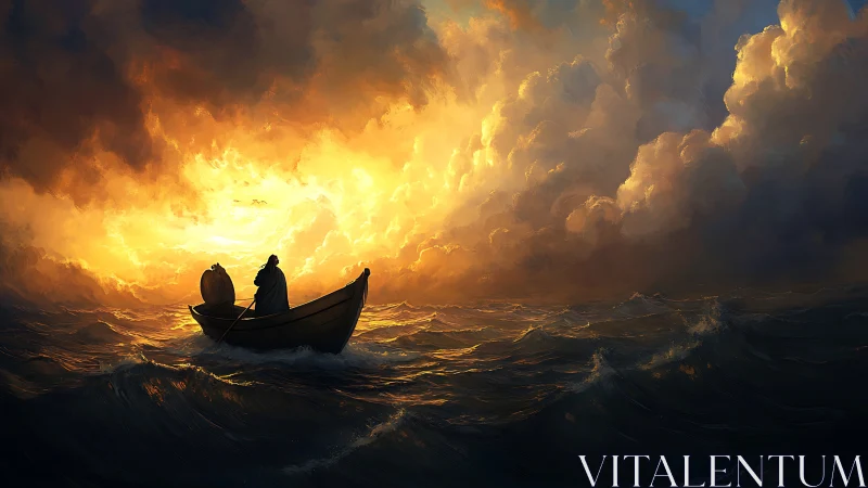 Lone fishing boat silhouettes against blazing ocean sunrise