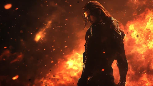 Brooding warrior stands strong amid swirling golden flames.