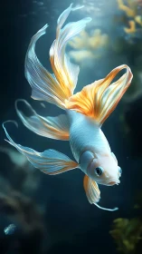 Digital rendering shows a white and orange long-finned fish