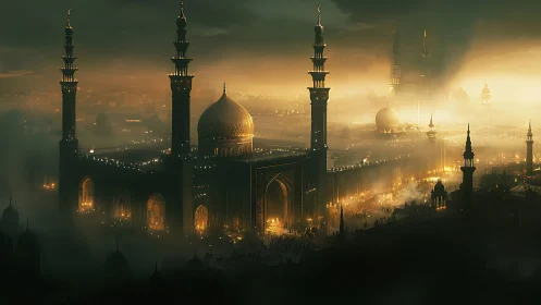 Fog-veiled Islamic megastructure glows under volumetric dusk light