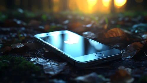 Forgotten smartphone glowing on damp forest floor at dusk.