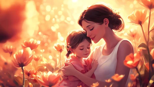 Woman and child in flowering field under warm golden light