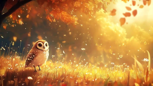 Tiny autumn owl basking in a golden daydream meadow.