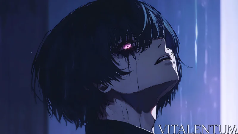 Somber anime figure with glowing eyes in blue rain.