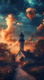 Twilight cottage and tower glow under a dreamy hot air balloon