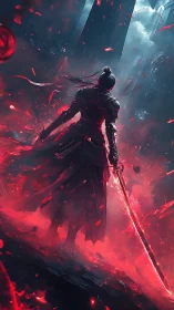 Armored swordsman in red energy field before tall ruins.