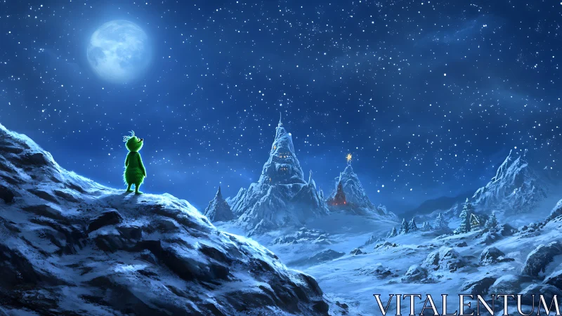 Green figure on snowy ridge under moonlit alpine sky