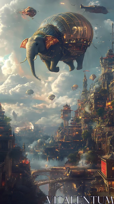 Hydrogen-dirigible elephant traverses dense vertical steampunk metropolis