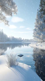 Whispering river under drifting winter snowfall hushes day.