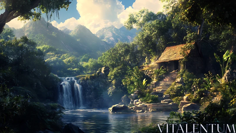 Digital painting of secluded riverside hut and waterfall vista.