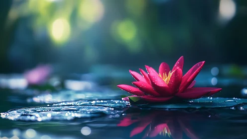 Photorealistic macro of crimson water lily on misted pond.