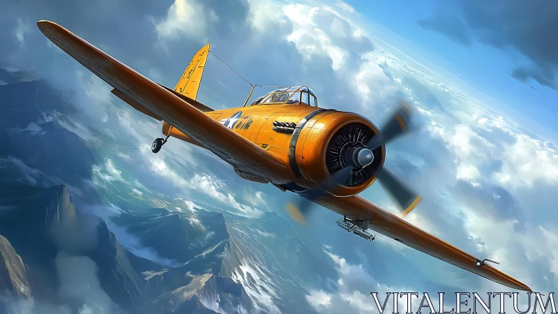 Golden warbird slicing stormlit skies in bold ascent.