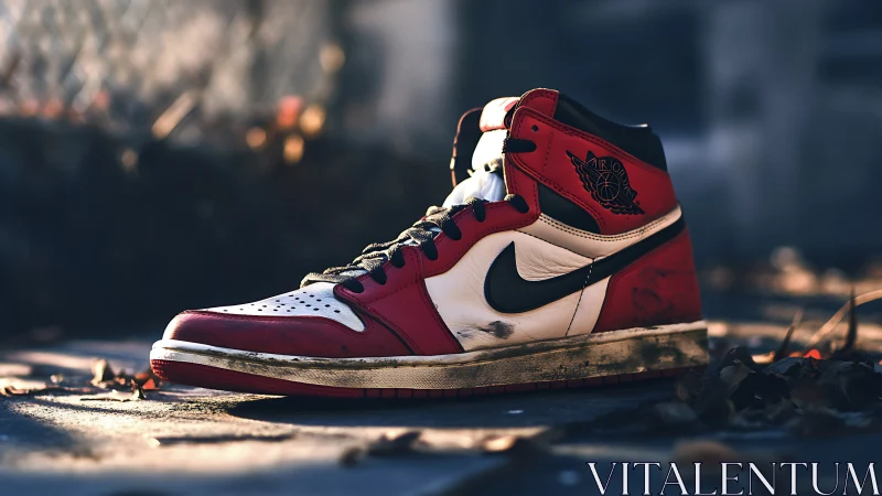 Weathered red high-top sneaker rests on sunlit pavement