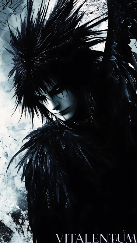 Brooding dark angel with raven feathers in icy contrast.